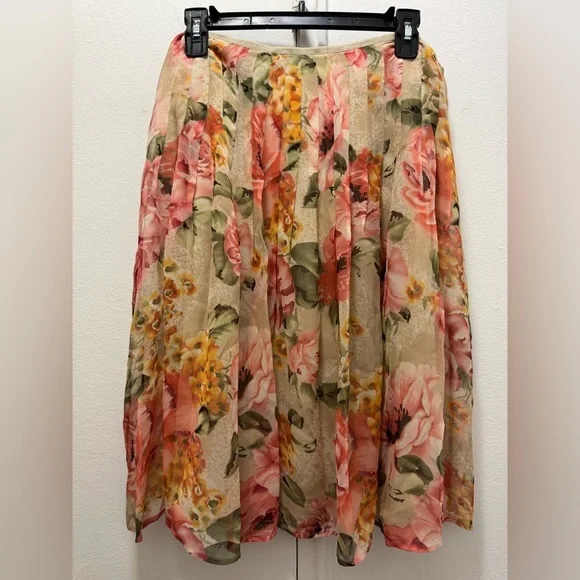 Sunny Leigh vintage Y2K Floral Silk Midi Skirt - Pink & Cream US 6