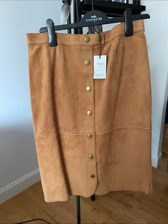 Coach Camel Suede Button-Front Midi Skirt