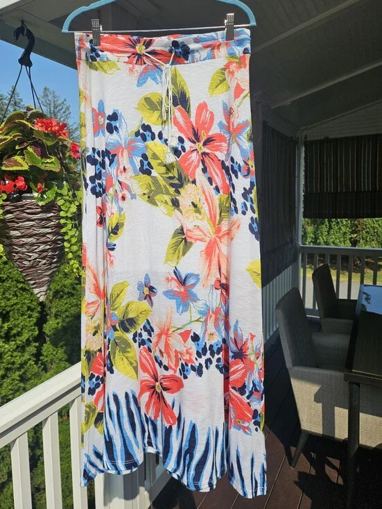 Tommy Bahama Floral Print Maxi Skirt with Drawstring Waist - White Multi 40in
