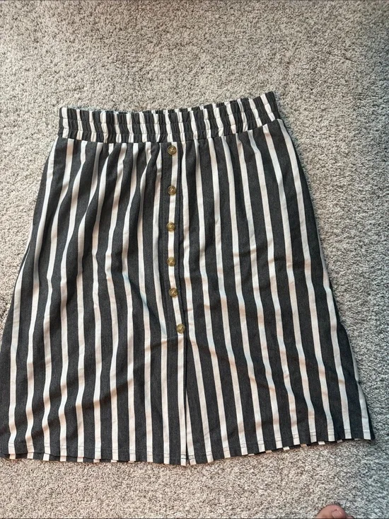 Tickled Teal Black and White Vertical Stripe Midi Skirt