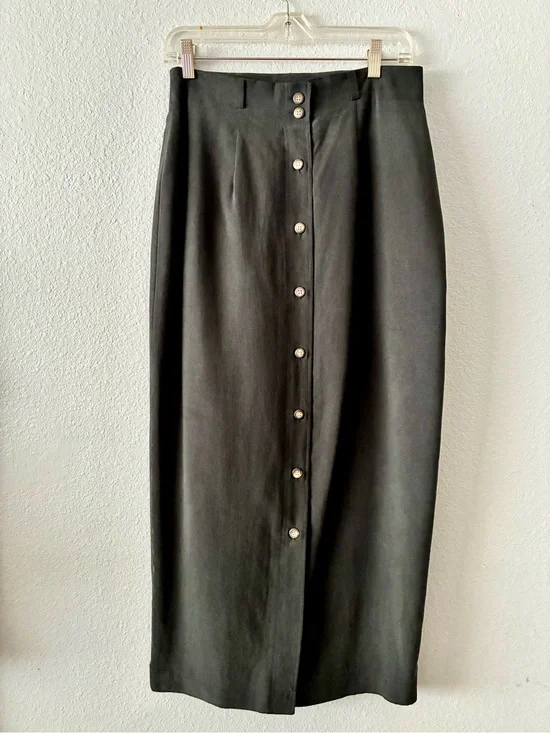 Seta Studios 10/40 💯 Silk 90s Minimalist High-Waist BLK Button-Front Maxi Skirt