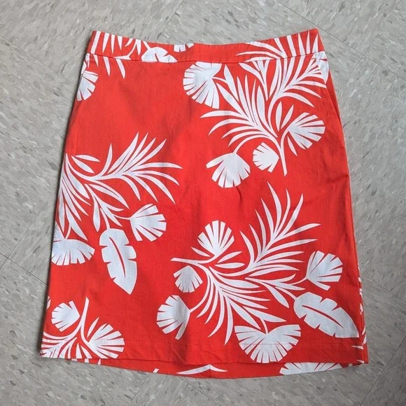 Boden‎ Red White Resortwear Palm Leaf Print A-Line Skirt Elastic US 8L UK 12L