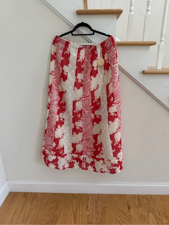 Red & Cream Floral Maxi Skirt with Elastic Waist