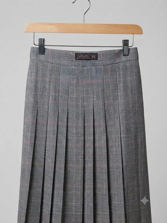 Pleated Grey Plaid Skirt - Size 14