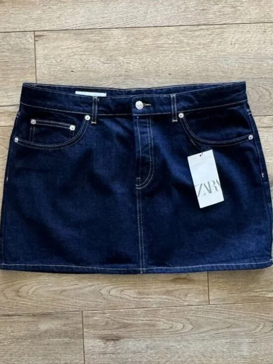 ZARA Cotton Dark Denim Button Front Silver Hardware Mini Skirt Size X-Large NWT