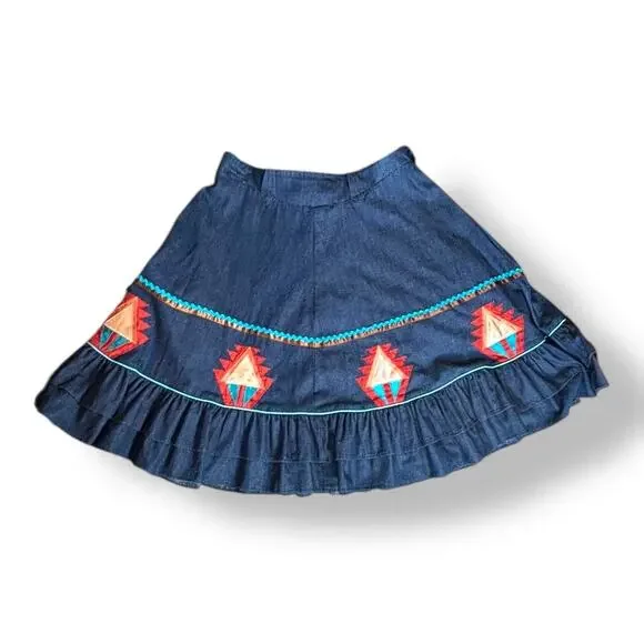 Vintage Handmade Southwest Denim Skirt Tiered Ruffle Hem‎ Abstract Art Appliqué