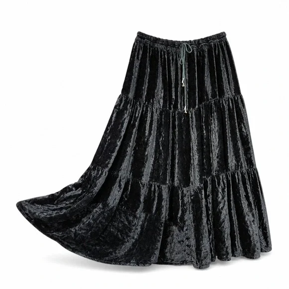 Black Tiered Velvet Maxi Skirt Whimsigoth Fairy Grunge Large XL One Size Rayon