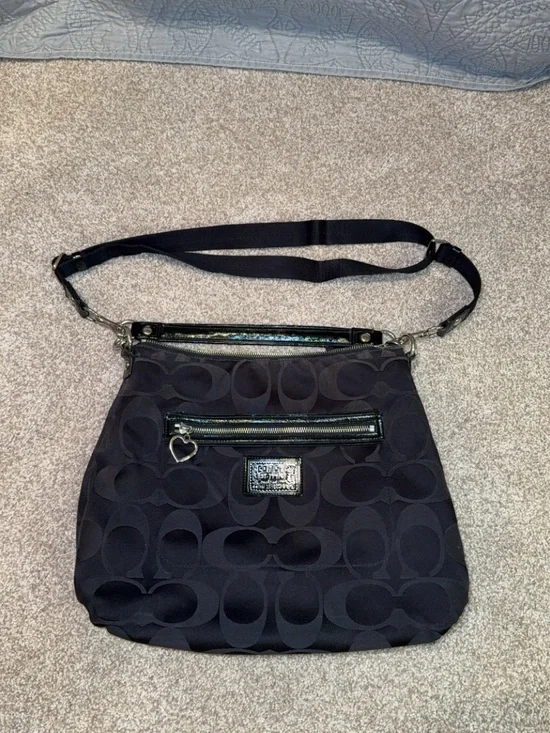 Coach Black Signature Jacquard Crossbody with Heart Charm