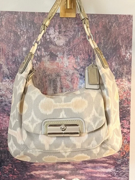 Coach Neutral Signature Canvas Shoulder Bag with Pale Cream Accents