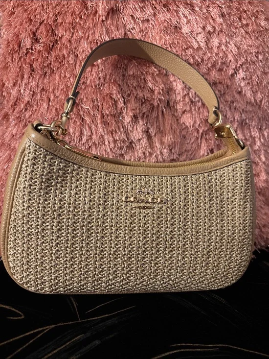 Coach Beige Woven Terry Bag with Leather Trim