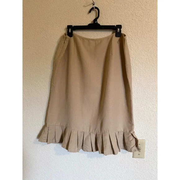 Emma James Tan Linen Blend Pleated Ruffle Hem Midi Skirt Womens 16 Khaki A-Line