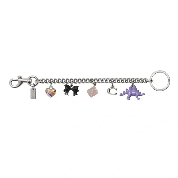 New Coach Silver Motif Chain Bag Charm with Purple Dinosaur, Heart, Bow, Dice