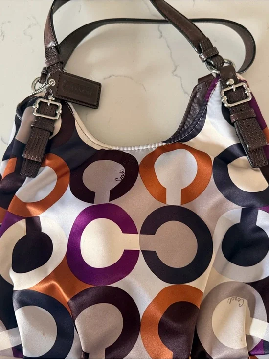 Coach Multicolor Circle-Print Shoulder Bag in Purple, Orange, Brown & Cream