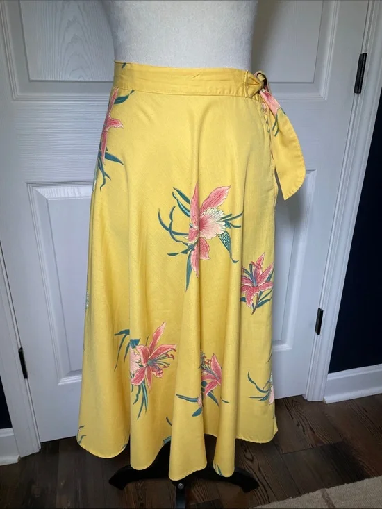Vintage 70s Yellow Floral Wrap Midi Skirt | Pink Lily Tropical Print A-Line