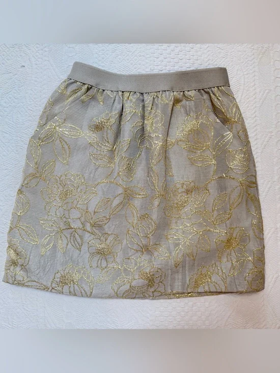 Women’s Gold Metallic Floral Brocade A-Line Skirt Elastic Waist XS Has Pockets!