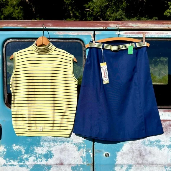 60s yellow & navy stripe 3 piece set mock neck tank midi skirt reversible belt