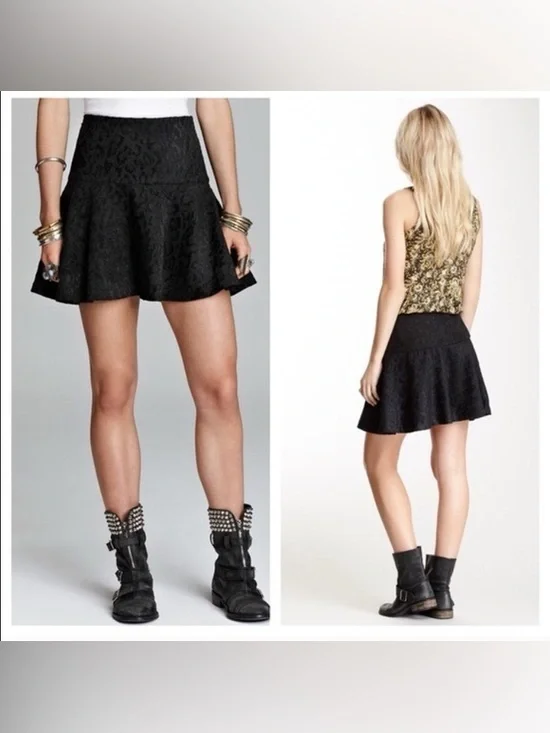 Free People‎ Black Skirt 0 Fit and Flare Chenille Cheetha Flared Skater Side Zip