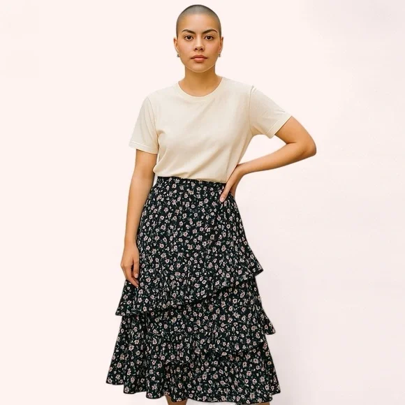 BTFBM Black Floral Ruffle Side Slit Elastic Waist Midi Skirt Size S Gently Used