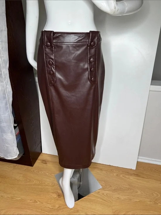 diMare Sz 38 US 6 Brown Vegan Leatherette Maxi Straight Pencil Back Slit Skirt