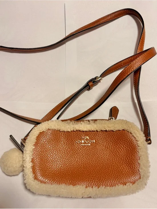 COACH Tan Leather Crossbody with Cream Shearling Trim