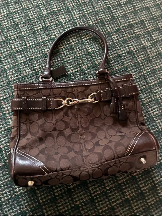 Coach Dark Brown Signature Canvas Satchel with Leather Trim
