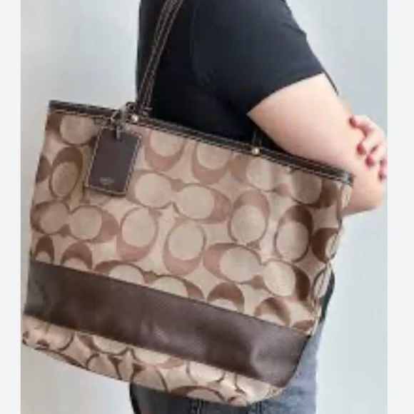 Coach Signature Stripe Tote Classic Brown and Tan C Monogram Jacquard Purse