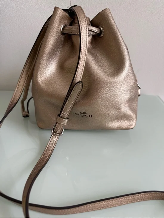 Coach Metallic Rose Gold Leather Drawstring Crossbody Bag