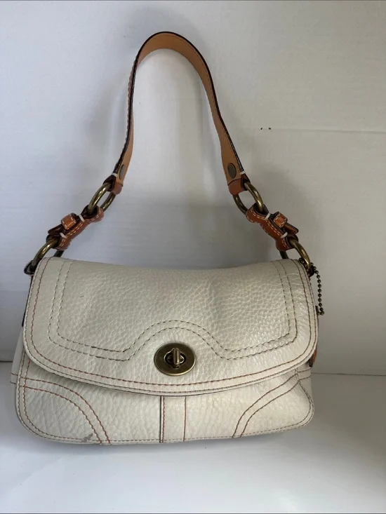 Coach Cream Leather Shoulder Bag with Gold Turn-Lock