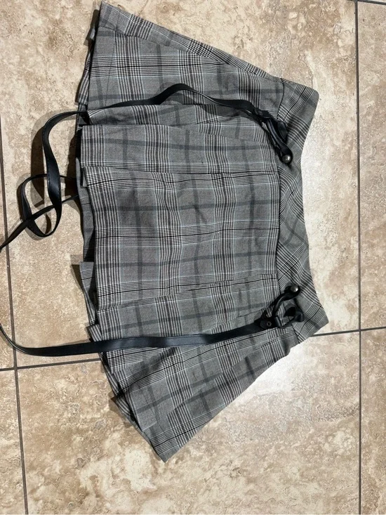 Plaid Gray Mini Skirt with Strap Detail