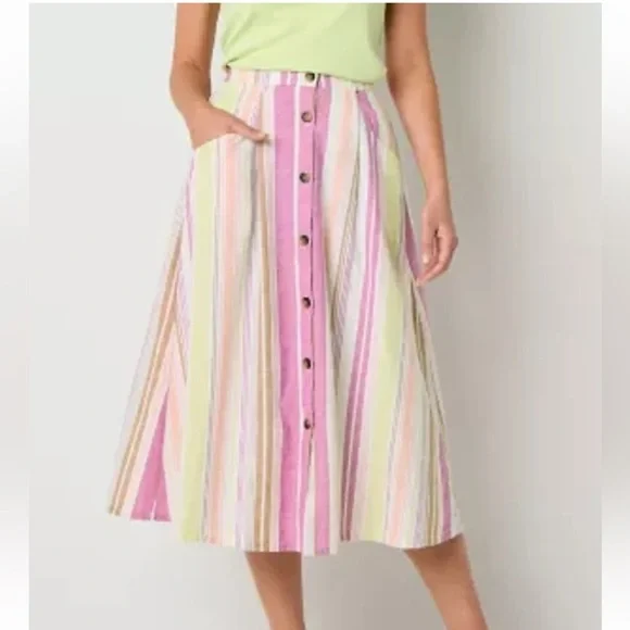 St John’s Bay Linen Striped Button-Front Midi Skirt Sz.XLT NWT