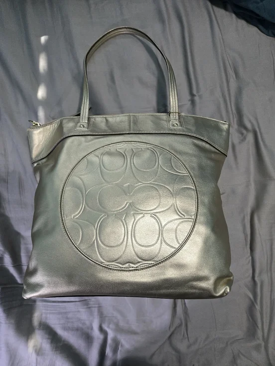 Coach Metallic Silver Logo-Embossed Leather Tote