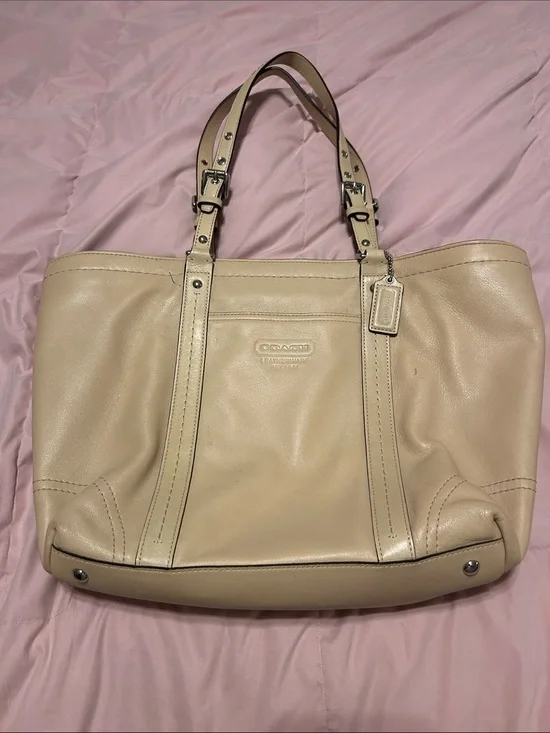 Coach Cream Pebbled Leather Tote with Logo Tag