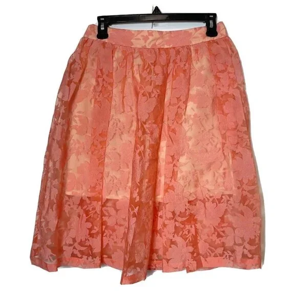TOPSHOP Womens Floral Chiffon A-Line Skirt Coral‎ Peach Size 6 Lined Pleated