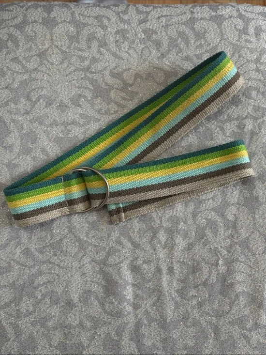 Striped Canvas D-Ring Belt in Green, Yellow, Aqua, Brown - Kids size