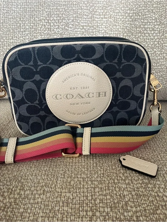 Coach Navy Signature Camera Bag with Cream Patch and Multicolor Stripe Strap