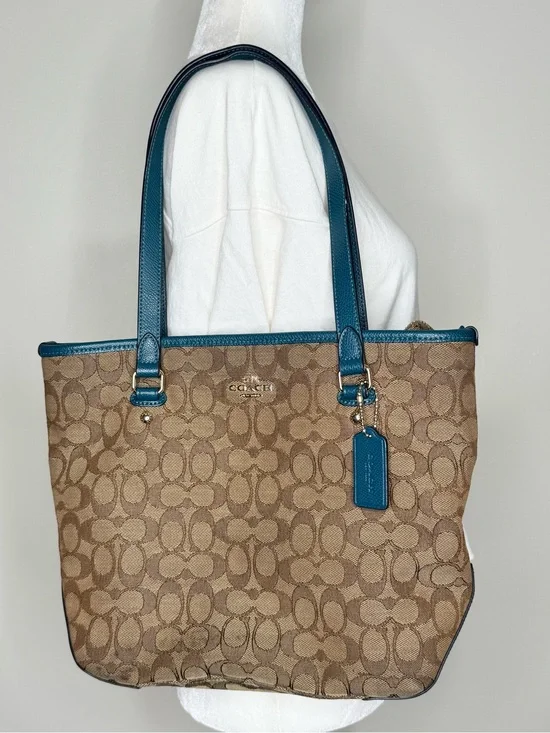Coach Signature Canvas Tote with Teal Leather Trim
