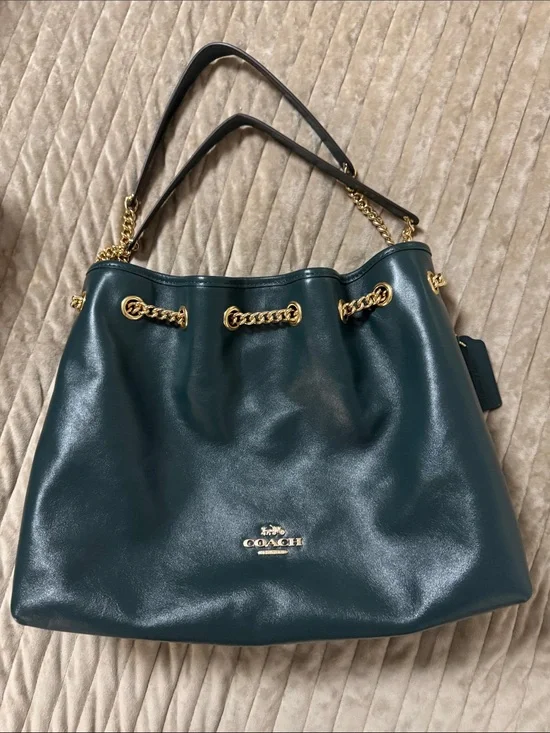 Coach Black Leather Drawstring Shoulder Bag with Gold Chain