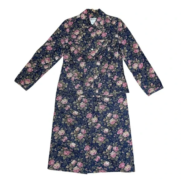 Orvis Floral Denim Jean Jacket Skirt Set Roses Button Up Y2K Cottagecore Grandma