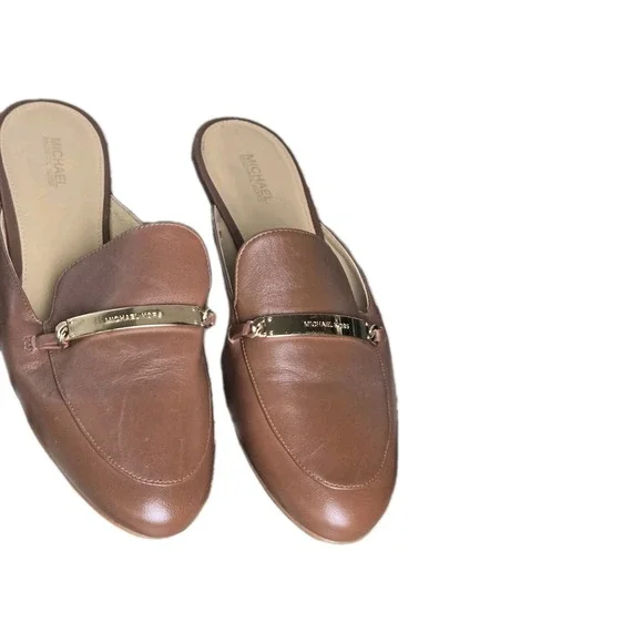 Michael Kors Tiffanie Flat‎ Mule Brown Leather 8 Slide Preppy Designer Office