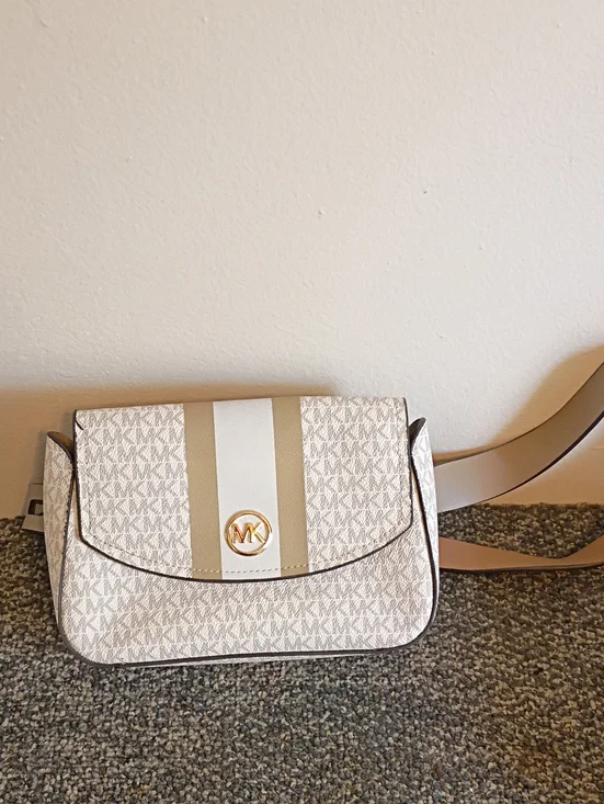 Michael Kors Beige & White Signature Flap Fanny Pack