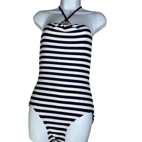 Michael Kors‎ One Piece Swimsuit Navy White Stripe Halter MK Logo Size 8