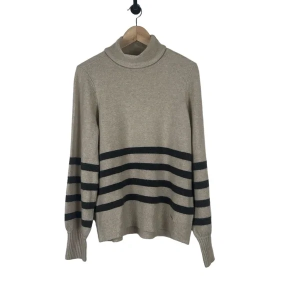 Michael Kors Womens Medium Tan Gray Striped Sweater Quiet Luxury‎ Wool Angora