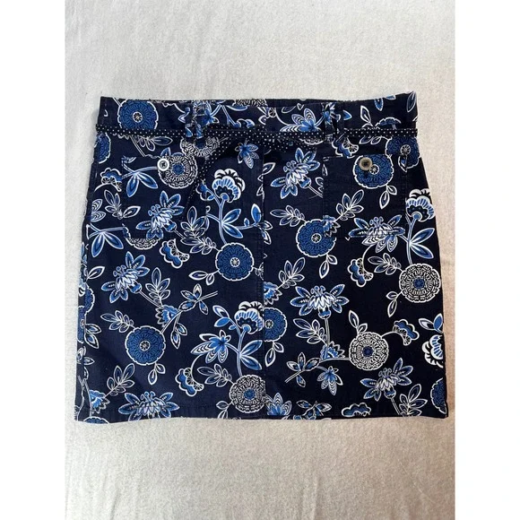 Ann Taylor LOFT‎ Navy Blue Floral Mini Skirt with Polka Dot Belt Size 8