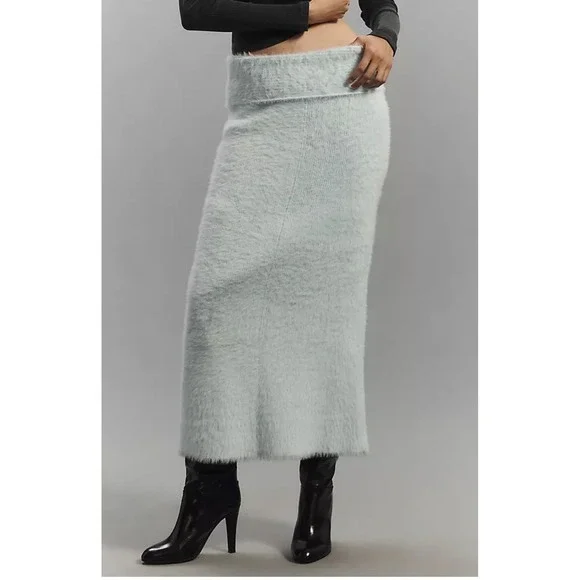 Anthropologie Fuzzy Sweater Knit Foldover Maxi Skirt Women XL Pastel Heavy Thick