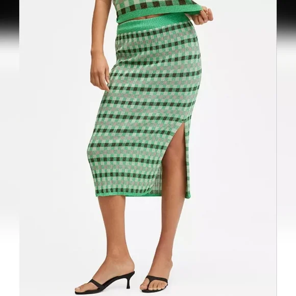 Mango MNG Lurex Knitted Striped Metallic Midi Skirt Green Black Silver XSMALL