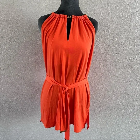 Michael Michael Kors Orange Belted Halter Tunic Gold Chain Neck Size M