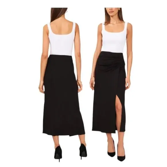Halogen Ruched Jersey Midi Skirt Black Size XXS NWOT $34 MSRP