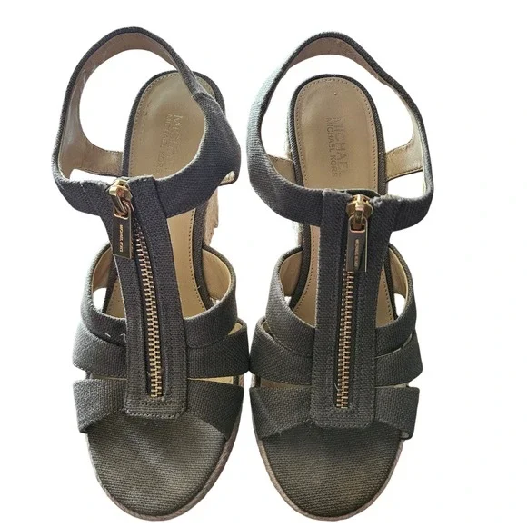 Michael Kors Womens Olive‎ Green Canvas Front Zip Espadrille Wedge Sandals 7