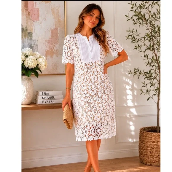 NWT MICHAEL KORS white Floral Lace Sequin Tuxedo Bib Midi Dress Short Sleeve L‎