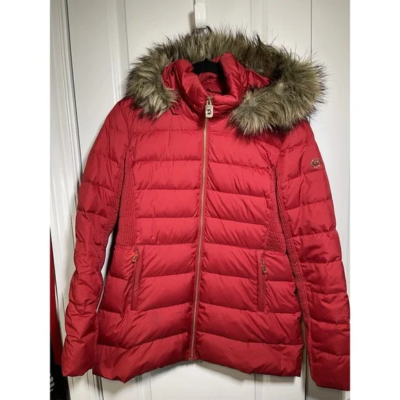 Michael Kors Red Women's‎ Coat Size Medium Faux Fur Hood Puffer Jacket EUC